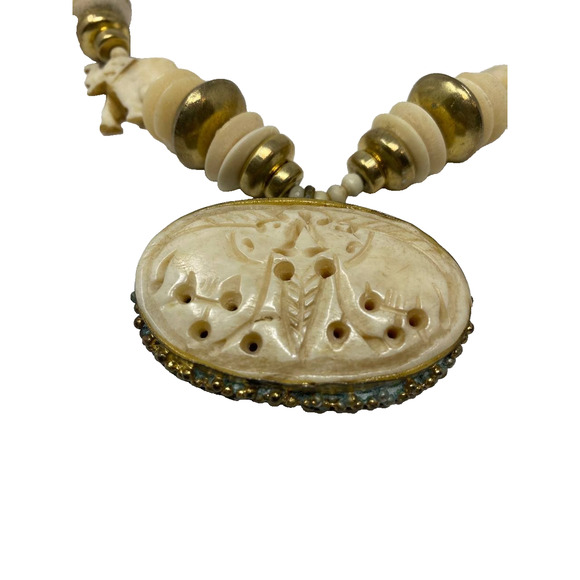 Carved Elephant Pendant Vintage Bovine Bone Bead Necklaces Lot, Used - Picture 3 of 8